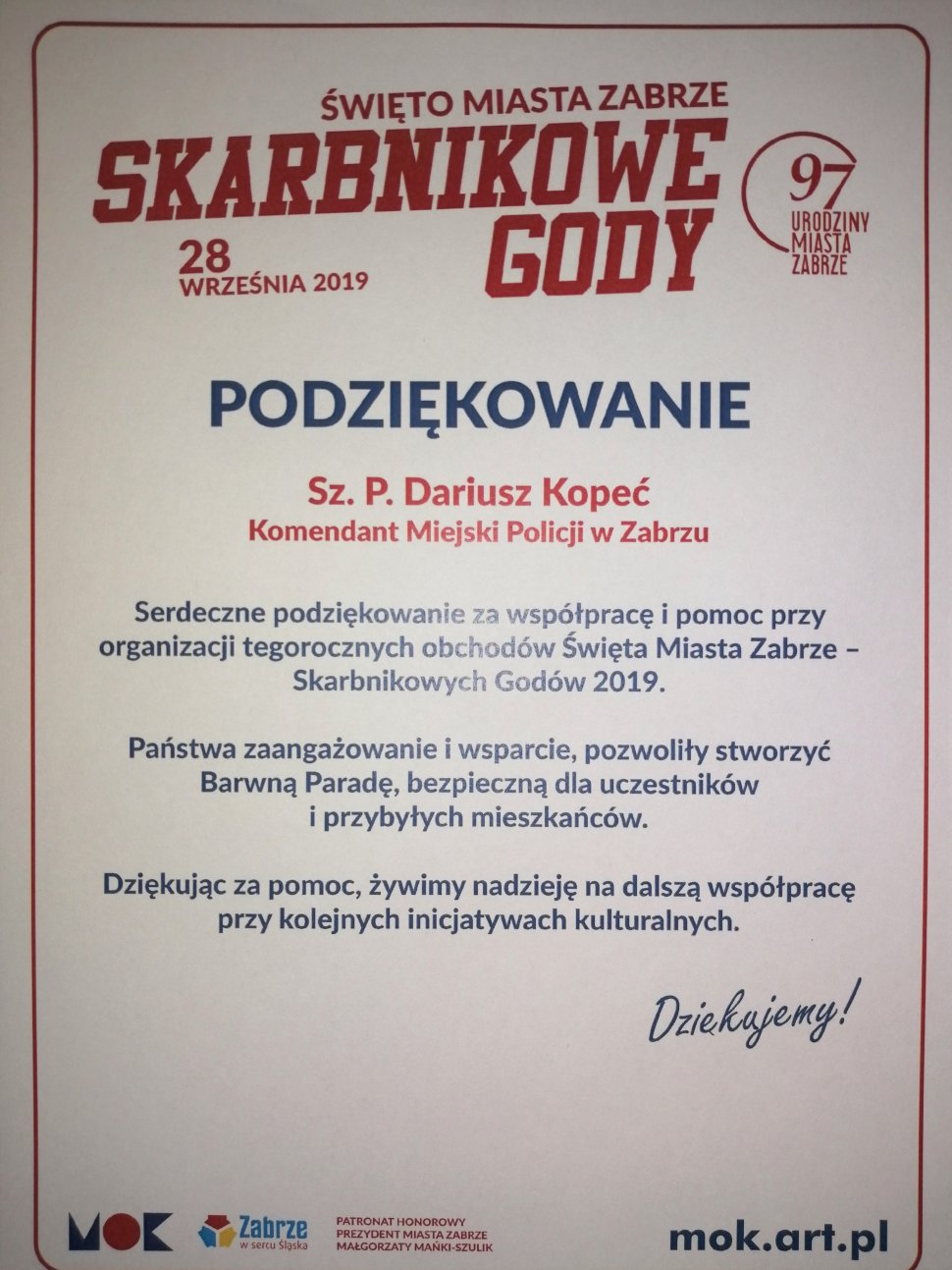 Podziękowanie za współprace i pomoc przy organizacji Skarbnikowych