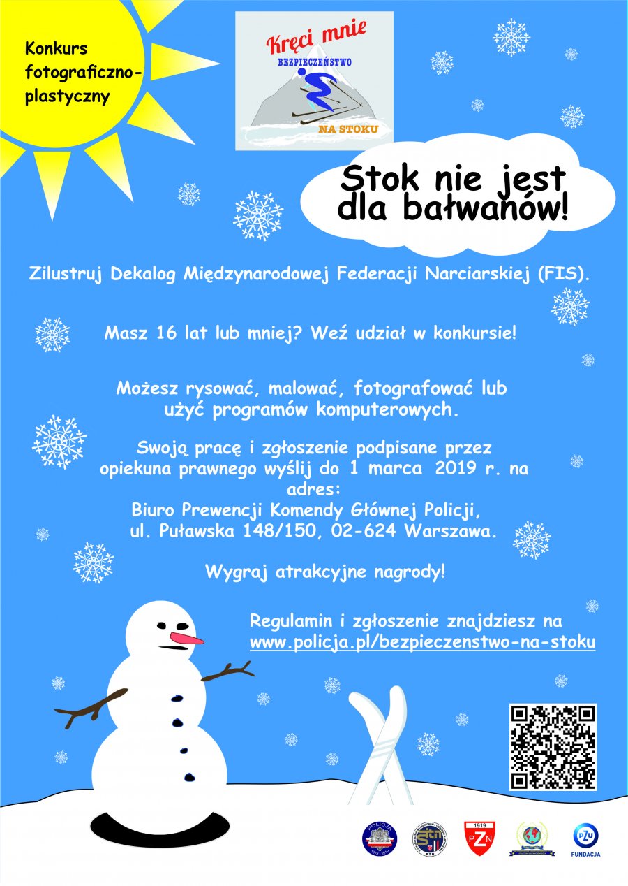 Plakat promujący konkurs "Stok nie jest dla bałwanów" - na niebieskim tle rysunek bałwana i nart wbitych w stok, a także żółte słońce i płatki śniegu