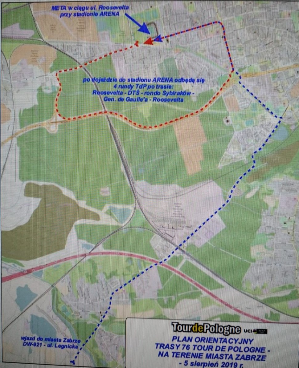 Zdjęcie kolorowe: część mapy zabrza z zaznaczoną traaą przejazdy kolarzy podczas 76. Tour de Pologne