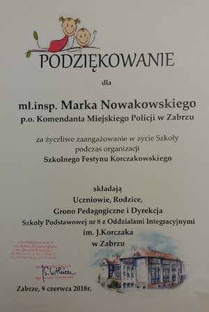 Podziękowanie za wsparcie podczas szkolnego festynu