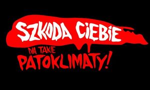 Czarna tablica z czerwonymi napisami "Szkoda Ciebie na takie patoklimaty"