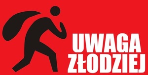 Czerwony Plakat "uwaga złodziej" z czarnym graficznym znakiem przedstawiającym złodzieja