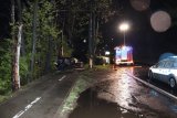 Miejsce śmiertelnego wypadku drogowego - samochód volkswagen passat kombi uderzył w drzewo i zatrzymał się na ścieżce rowerowej
