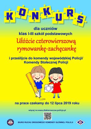 Plakat konkursu- na żółto niebieskim tle graficzna postać chłopca, który trzyma ołówek i dziewczynki, która trzyma kartkę