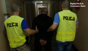 Zdjęcie kolorowe: policjanci kryminalni ubrani w żółte kamizelki z napisem Policja z mężczyzną podejrzanym o zabójstwo