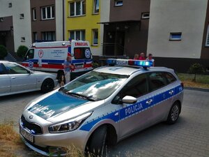Zdjęcie kolorowe: policyjny radiowóz i karetka pogotowia.