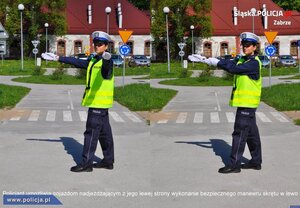 Zdjęcie kolorowe: umumdurowana policjantka wydziału ruchu drogowego użozliwia pojazdom nadjeżdzającym z lewej strony wykonanie bezpiecznego manewru skretu w lewo