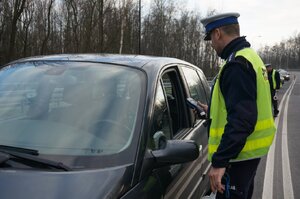 Zdjęcie kolorowe: policjant w trakcie czynności na drodze.