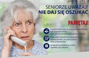 Zdjęcie kolorowe: plakat z napisem: Seniorze uważaj ! Nie daj się oszukać