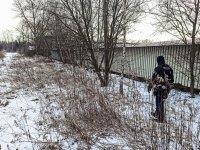 Policjant w terenie porośniętym zaroślami, przy zimowej pogodzie, w tracie poszukiwań osoby zaginionej.