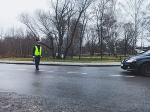 Policjanci ruchu drogowego podczas prowadzenia kontroli drogowej na trakcie akcji &quot;Bezpieczny Pieszy&quot;