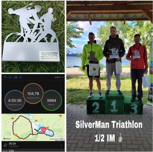 Kolarz zdjęć przedstawiający policjanta  podczas zawodów triatlonowych SilverMan Triathlon z naniesionym wynikiem w postaci grafiki srebrnego medalu.