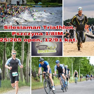 Kolarz zdjęć przedstawiający policjanta  podczas zawodów triatlonowych Silesiaman Triathlon z naniesionym wynikiem w postaci tekstu.