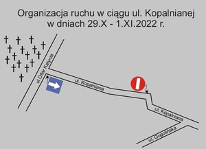 Mapa przedstawiająca zmianę organizacji ruchu w rejonie cmentarza.