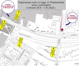 Mapa przedstawiająca zmianę organizacji ruchu w rejonie cmentarza.