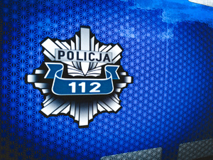 Zdjęcie przedstawia logo policji na drzwiach radiowozu