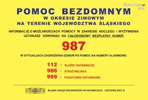 Plakat informujący o numerach telefonu gdziem można  uzyskać pomoc dla osób bezdomnych