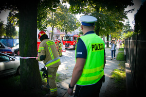 Policjanci i inne służby ratunkowe na miejscu zdarzenia drogowego.
