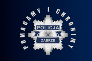 Grafika przedstawiająca policyjną gwiazdę z napisami &quot;Policja Zabrze&quot; oraz &quot;Pomagamy i chronimy&quot;.