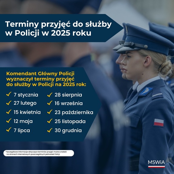 Zdjęcie kolorowe przedstawia policjantkę w mundurze oraz terminy przyjęć do Policji na 2025 rok.