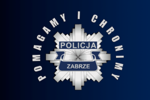 Zdjęcie kolorowe przedstawiające policyjną gwiazdę oraz napis &quot;Policja Zabrze Pomagamy i Chronimy&quot;.