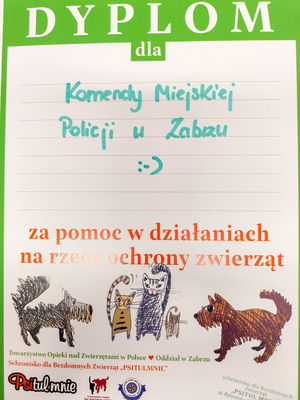 na zdjęciu dyplom dla komendy miejskiej policji w Zabrzu za pomoc w ochronie zwierząt