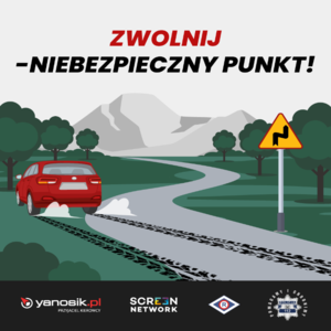 Infografika przedstawiająca samochód poza drogą oraz ślady hamowania. Na górze infografiki widnieje napis &quot;Zwolnij - Niebezpieczny punkt !&quot;.