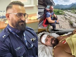 Trzy zdjęcia w formie kolarzu. Na jednym zdjęciu znajduje się policjant, na kolejnym mężczyzna z opatrunkiem i na kolejnym mężczyzna w górach.