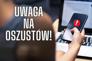grafika z napisem uwaga na oszustów