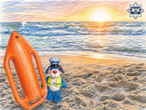 maskotka policji na  plaży
