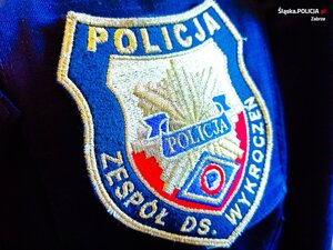 Policyjna naszywka z napisem "Policja Zespół ds. Wykroczeń".