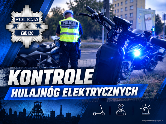 zdjęcie policjanta podczas kontroli hulajnogi elektrycznej  z napisem kontroler hulajnóg elektrycznych i logo KMP Zabrze
