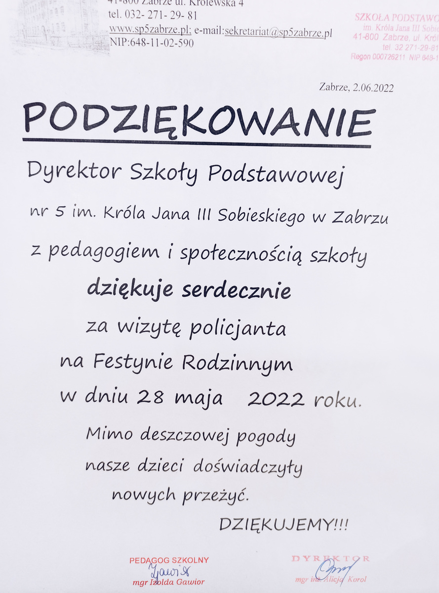 Podzi Kowanie Za Prelekcje Na Temat Bezpiecze Stwa I Udzia W Festynie Rodzinnym Wiadomo Ci